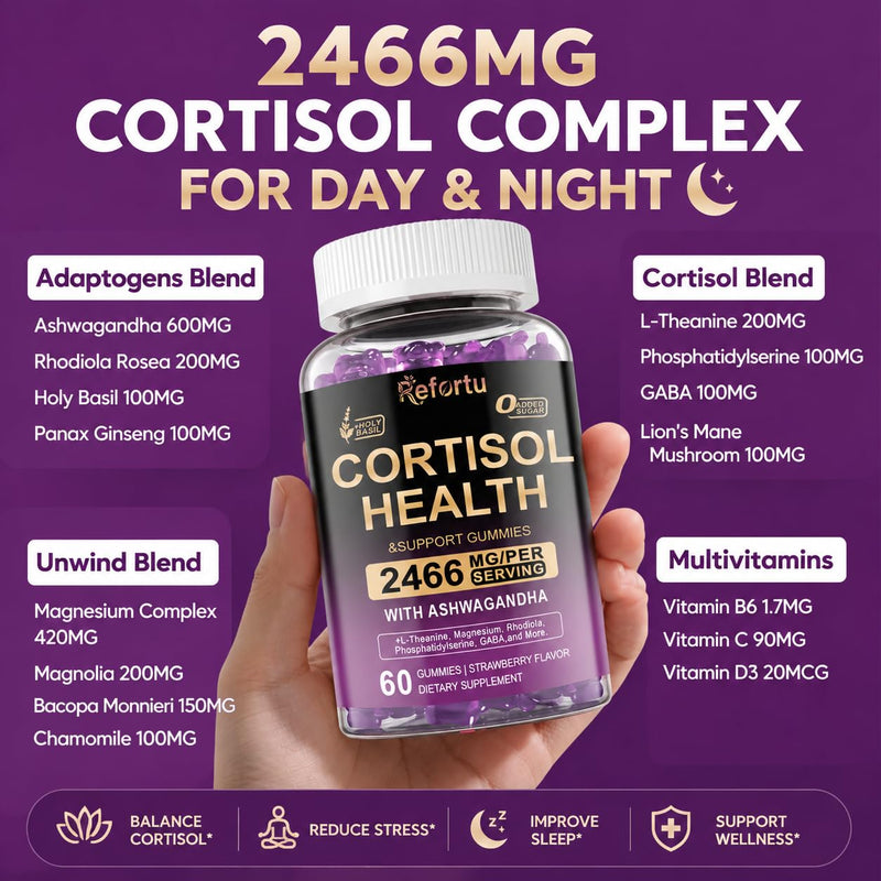 Cortisol Supplements for Women & Men, 16 in 1 High Cortisol Reducer Gummies | Cortisol Detox Manager Gummy with Ashwagandha, L-Theanine, Rhodiola, Magnesium for Relaxation, Sleep, Focus, Vegan, 60 Count