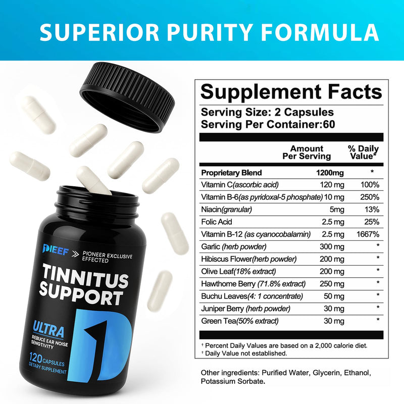 Tinnitus Relief for Ringing Ears, 120 Capsules Ear Health Vitamins Supplement, Natural Herbal Tinnitus Reduce Ear Clicking Buzzing, Improving Hearing for Men and Women, (60-Day Supply) 120 Count (Pack of 1) - BeesActive Australia
