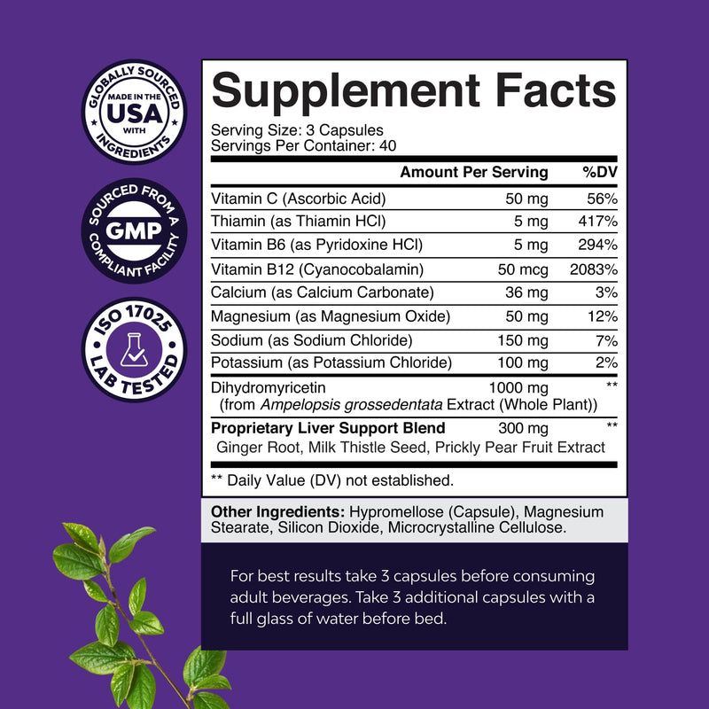 Re-Hydration Pills for After Drinking Recovery - Complete Pre and Post Drinking Liver Detox DHM Supplement with Dihydromyricetin Milk Thistle Extract Prickly Pear & Electrolytes - 120 Count 120 Count (Pack of 1)