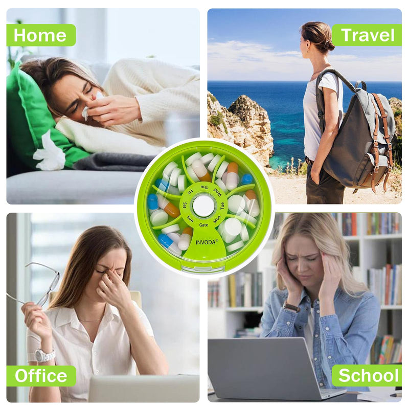 3PCS Weekly Pill Organizer Travel Pill Container Small Portable Pill Case | Cute Round Rotate Pill Dispemser 7 Day Daily Pill Box for Fish Oil Supplements Vitamins, Arthritis Friendly and Portable Green 3pcs