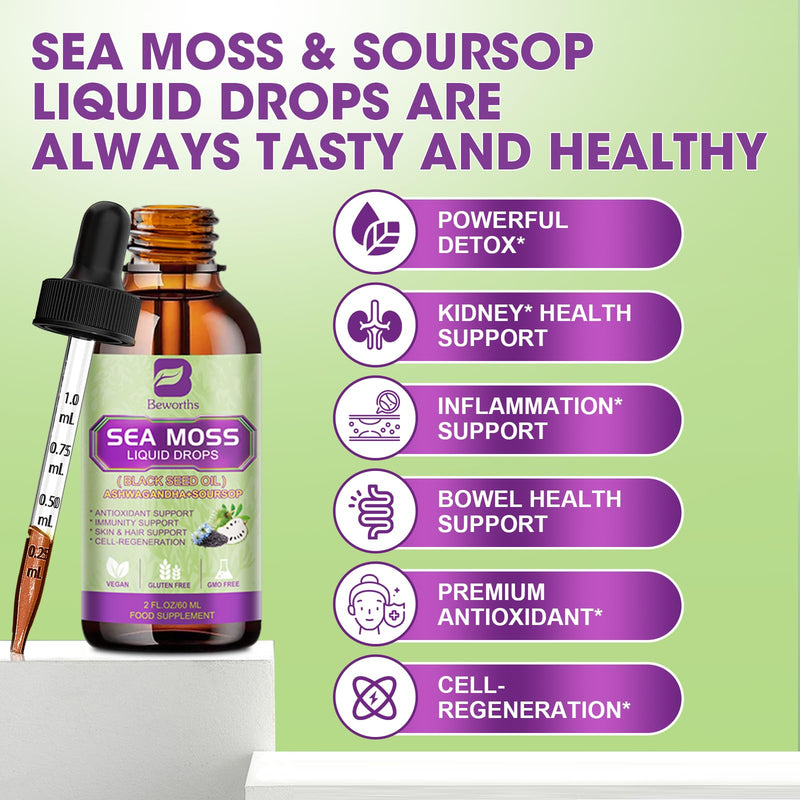 B BEWORTHS Sea Moss Liquid Drops with Black Seed Oil, Ashwagandha, Soursop | Multimineral irish Seamoss Supplement with Bladderwrack, Burdock Root for Immune, Energy, Hair & Digestion Wellness - Vegan Soursop bitters 2 Fl Oz (Pack of 1)