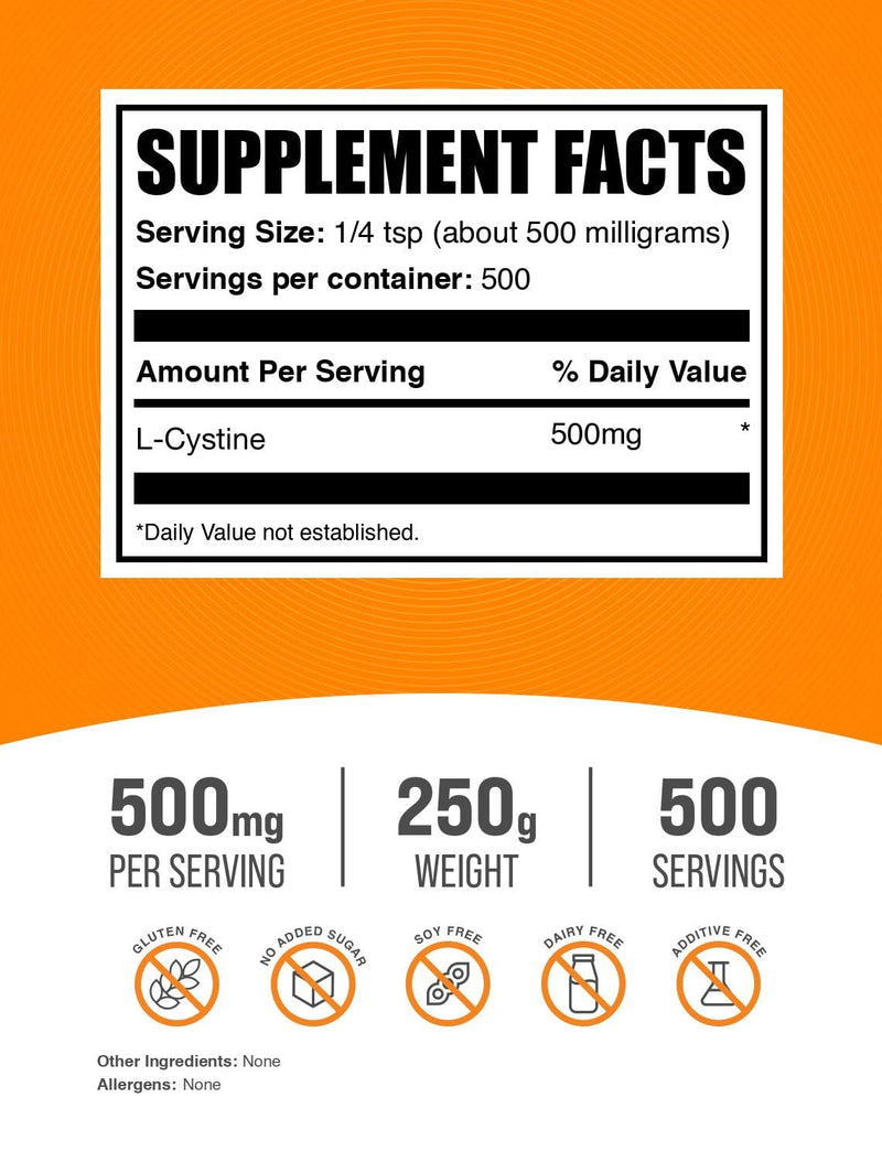 BulkSupplements.com L-Cystine Powder - L-Cystine 500mg, L-Cystine Supplement, Amino Acid Supplement - for Immune Support, Gluten Free, 500mg per Serving, 250g (8.8 oz) (Pack of 1) 8.8 Ounce (Pack of 1)