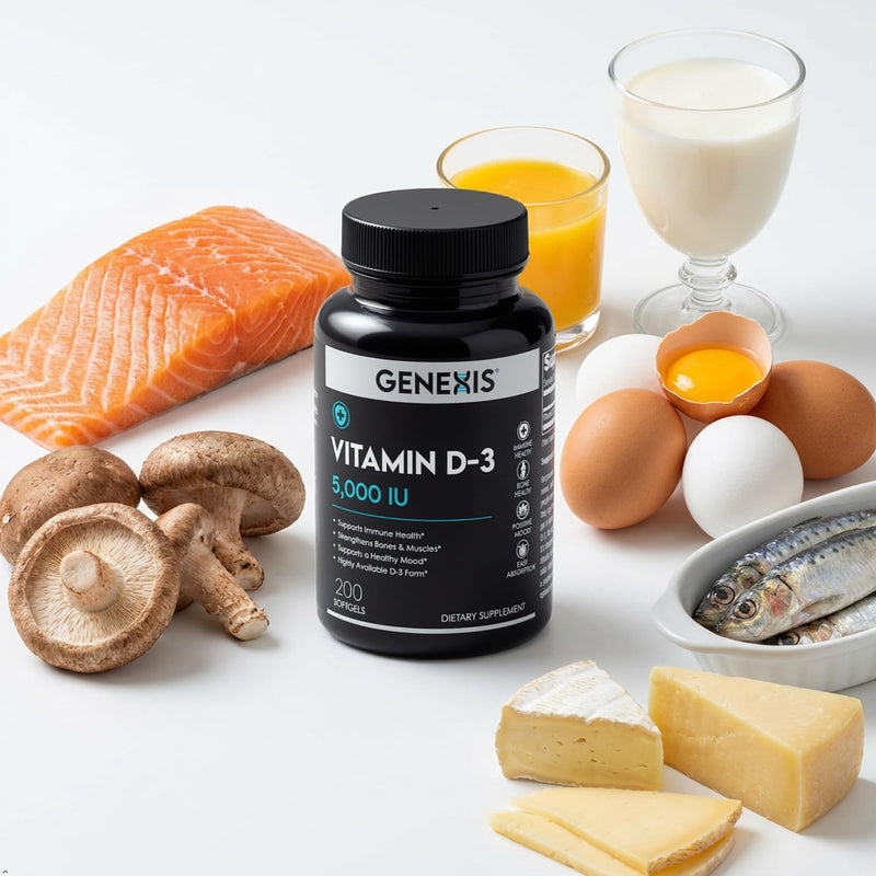 Genexis Vitamin D3 5000 IU (125 mcg) – 200 Softgels | Gluten Free High Potency Cholecalciferol for Immune & Mood Support, and Bone & Muscle Health – Easy-to-Absorb in Olive Oil