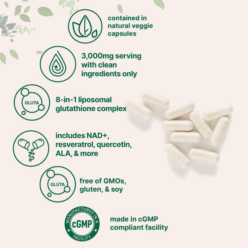 Micro Ingredients Liposomal Reduced Glutathione Complex 3,000mg - 8‑in‑1 Advanced Glutathione Supplement with NAD, Resveratrol, Quercetin, Alpha Lipoic Acid & Vitamin C - 120 Vegetarian Caps