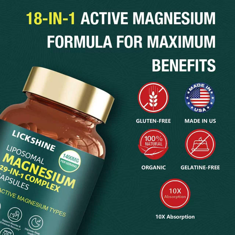 29-in-1 1400mg Liposomal Magnesium Complex for Women & Men Supplement with Glycinate Citrate Malate Oxide - 18 Types Magnesium with Vitamin D3, K2, B6, B12 & Coq10, Support Bone, Muscle, 240 Capsules 2 Packs