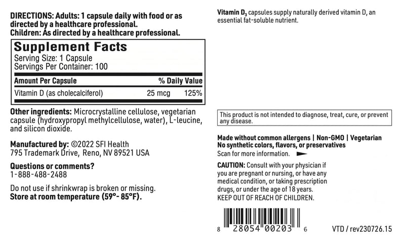 Klaire Labs SFI Health Vitamin D3 1000 IU, 100 Capsules | High Potency 25 Micrograms, Hypoallergenic Bone & Immune Support 100 Count (Pack of 1)