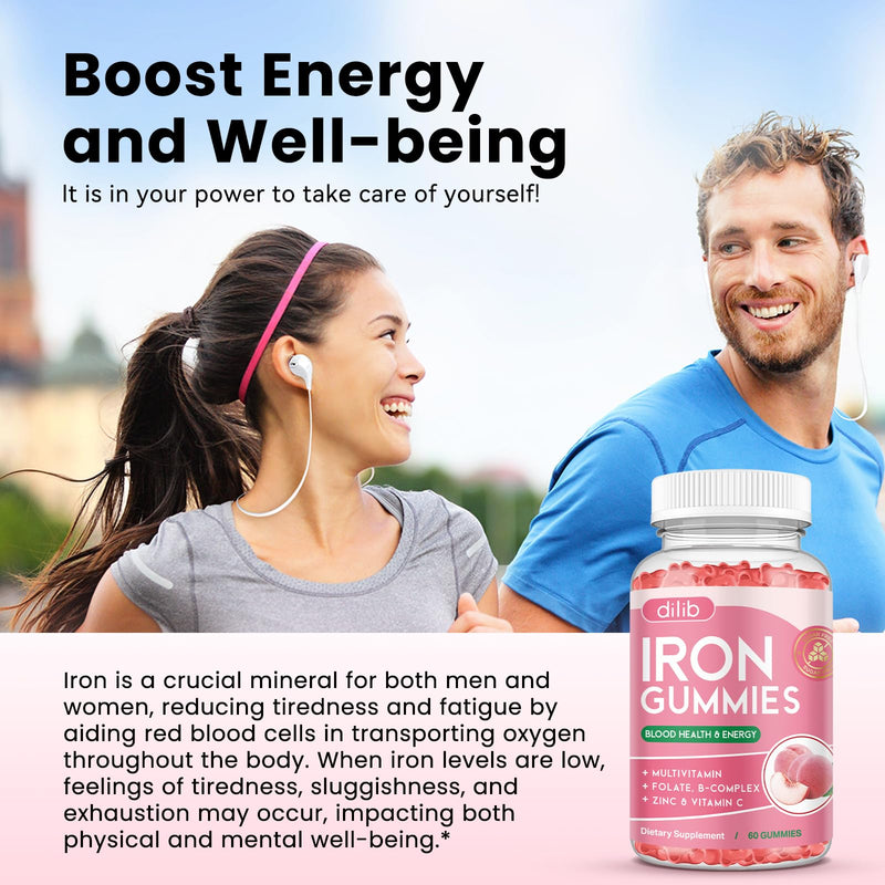 Iron Gummies with Multivitamin, Iron Supplement for Women & Men, Kids Multivitamin with Zinc, Vitamin B Complex & C, B12, Folate - Blood Builder, Energy Support, Peach Flavor, Vegan 120 Gummies 60 Count (Pack of 2)