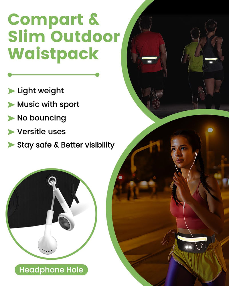 Slim Fanny Pack for Men Women, Running Belt Bag Waist Pack with Removable Rechargeable RGB Night Light & Reflective Tape, Running Pouch Belt Phone Holder with Earphones Hole