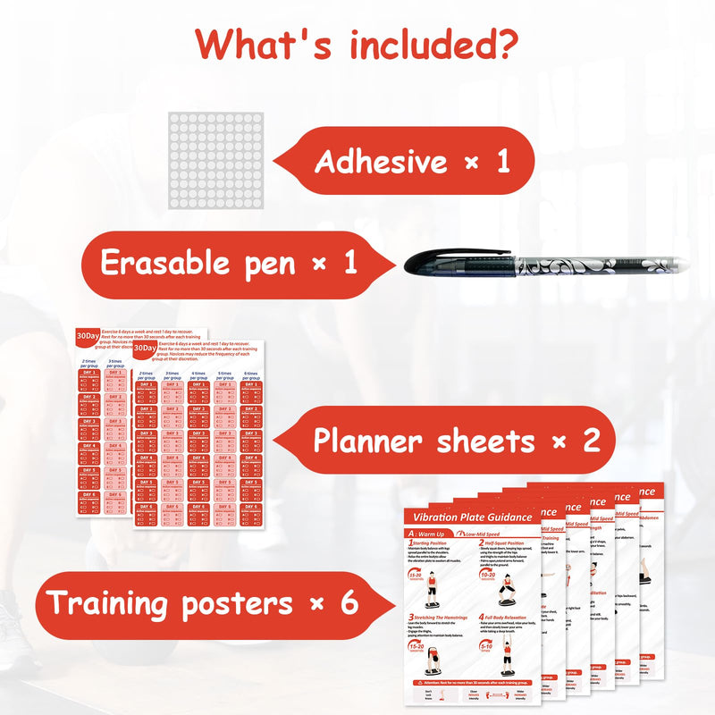 Vibration Plate Exercise Machine Workout Chart Posters - 6 Laminated Wall Fitness Guide & 2 Reusable Planner & 1 Erasable Pen, Suitable for Home Gym Whole Body Training