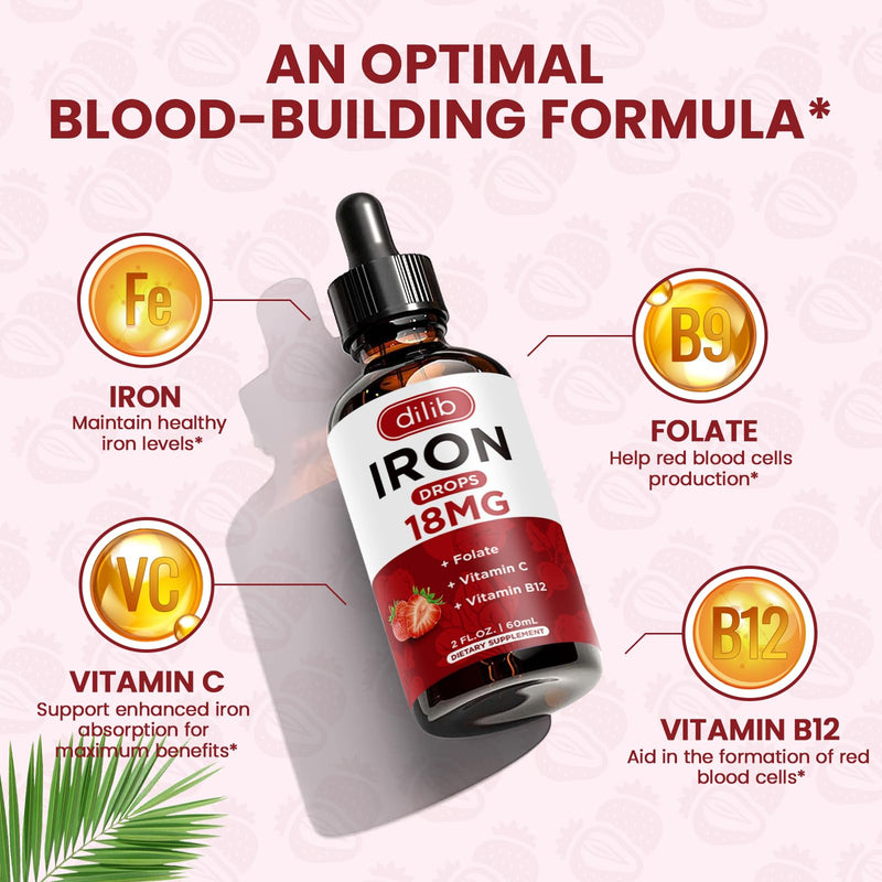 Liquid Iron Supplement for Women & Men Iron Drops Iron Supplements for Anemia with Folate, Vitamin C, B12 for Red Blood Cell Support-Strawberry, 2 Fl Oz Strawberry 2 Fl Oz (Pack of 1)