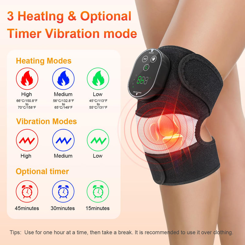 Cordless Heated Knee Massager, FSA Eligible 3-in-1 Electric Massager with Heating Pad for Elbow Shoulder Wrap with 3 Vibration & 6 Heating Modes Black White 1 Pack