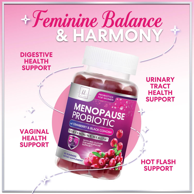 Menopause Supplements for Women Gummies - Black Cohosh, Cranberry, 3 Billion CFU Probiotics per Serving - Complete Menopause Relief for Hot Flashes, Night Sweats, Vaginal Health Support - 60 Gummies