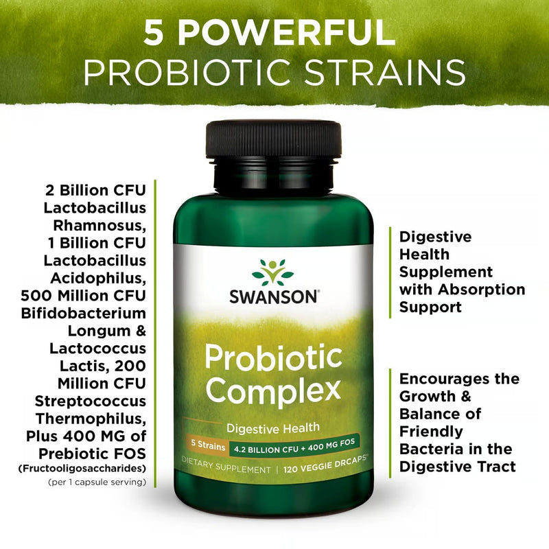 Swanson Probiotic Complex 4.2 Billion CFU, 120 Veg DRcaps, 2 Pack | 5-Strain Probiotic Complex with Prebiotic FOS to Support Digestive Health, Fat Metabolism, Satiety and Nutrient Absorption 120 Veggie DRcaps (2 Pack)