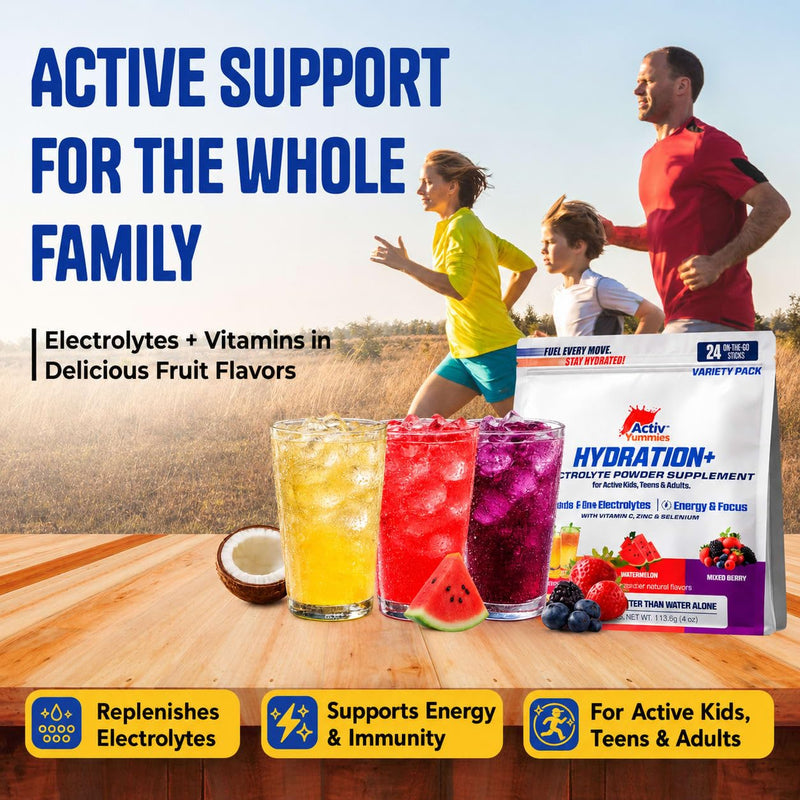 Hydration+ Electrolyte Drink Mix Variety, 24 Stickpacks, with Vitamin C, Zinc & Selenium, Antioxidant, Energy, Muscle Recovery & Focus Support, Keto, Gluten Free, Vegan, Non-GMO