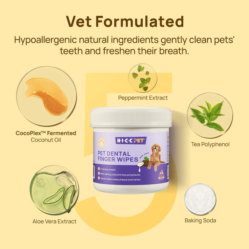HICC PET Dog Dental Wipes, Dog Teeth Cleaning Finger Wipes, Freshens Breath, Soothes Gums, Reduces Plaque, Coconut Oil, 50 Disposable Wipes