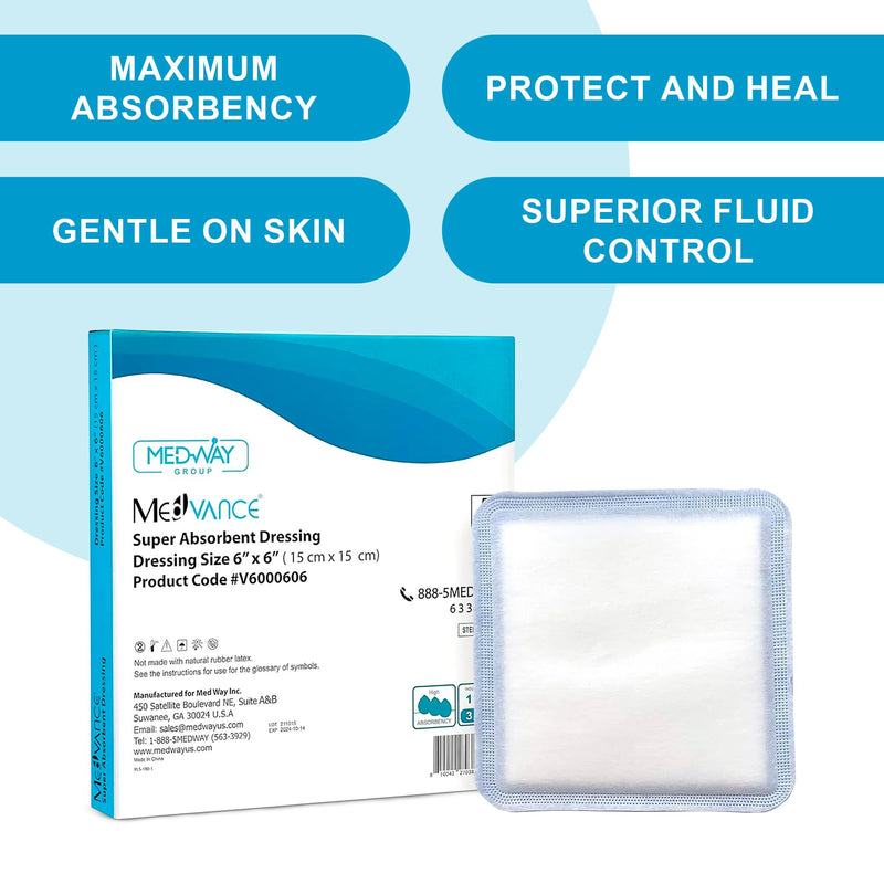 MedVance Super Absorbent Dressing, Non-Adhesive Pads for Wound Care, for Pressure Ulcers & 1st/2nd Degree Burns, Superior Moisture Absorption, Box of 10 dressings (6"x6" Bandage, 5"x5" Pad) 6"x6" 10 Pack