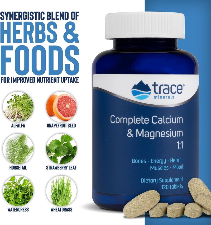Trace Minerals Cal Mag Supplement, 120 Tablets | Ionic trace minerals blend, Calcium citrate and malate forms, Vitamins C and D, High bioavailability, 2 tablets daily