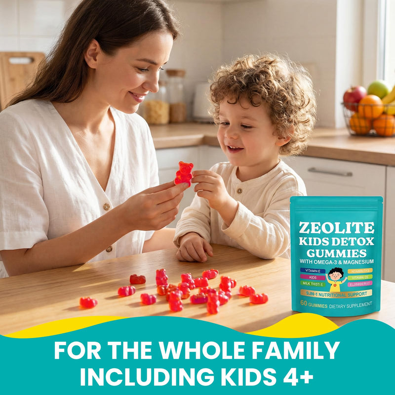 Zeolite Kids Detox Gummies,Zeolite Detox for Kids & Adults,9-in-1 All in One Daily Kids Supplement with Zeolite,Elderberry,Omega-3,Magnesium,Vitamin,Milk Thistle,Zinc,B12,Sugar Free 60 Gummies