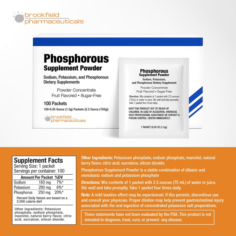 Phosphorus Supplements 100 Packets, Dietary Supplements Powder with Sodium Phosphate and Potassium Phosphate, Fruit Flavored Phosphorous Supplement Powder for Electrolyte, Bone Health & Kidney Health
