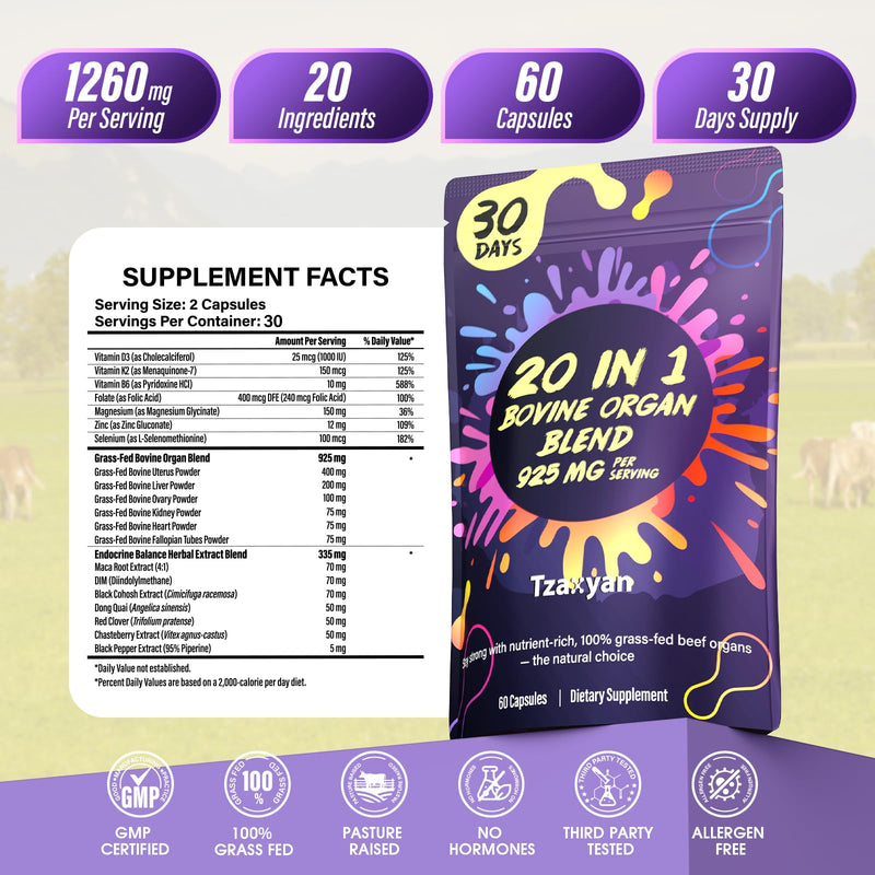 20-In-1 Beef Organ Supplement for Women, 925MG Grass Fed Beef Liver, Uterus, Ovary & 3 more with Maca, DIM, Black Cohosh, Vitamin & Mineral, Bovine organ Capsules for Hormone Balance, Energy, 30 Days Beef Organ & Herbal 60 Count (Pack of 1)