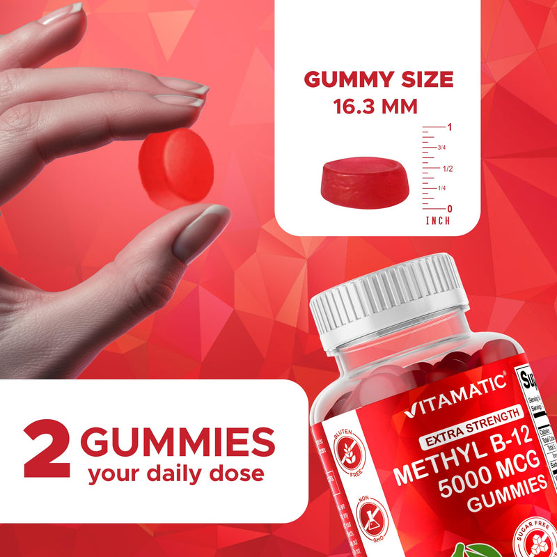 Vitamatic 2 Packs Extra Strength Vitamin B12 5000 mcg (Methyl B12) Gummies - 120 Count - Energy Metabolism Support and Nervous System Health Support, Natural Cherry Flavored | Extra Strength, Energy Metabolism Support and Nervous System Health Support*...