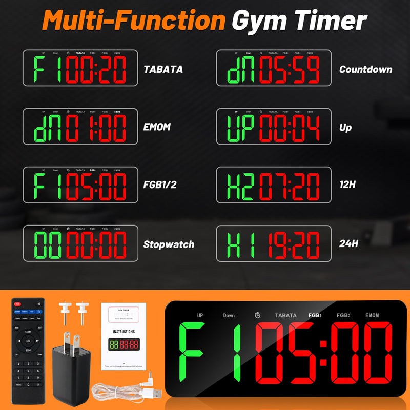 Upgraded Gym Timer Clock for Tabata/FBG/EMOM - Large Workout Clock for Home Gym with Remote Control, Count Down & Up | Stopwatch, Fitness Digital Timer for Home/Yoga/Boxing/Garage - BeesActive Australia
