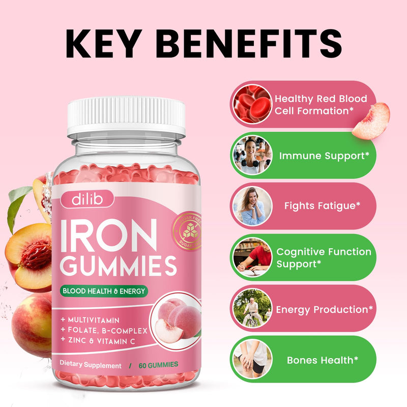 Iron Gummies with Multivitamin, Iron Supplement for Women & Men, Kids Multivitamin with Zinc, Vitamin B Complex & C, B12, Folate - Blood Builder, Energy Support, Peach Flavor, Vegan 120 Gummies 60 Count (Pack of 2)