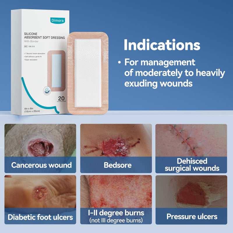 Dimora 20 Count Silicone Super Absorbent Wound Dressing - 4" x 8" Soft Gauze Pads for Bed Sores Leg Ulcers Post Surgical Incisions, Adhesive Wound Bandage with Gentle Border 4"x 8" - 20 pcs