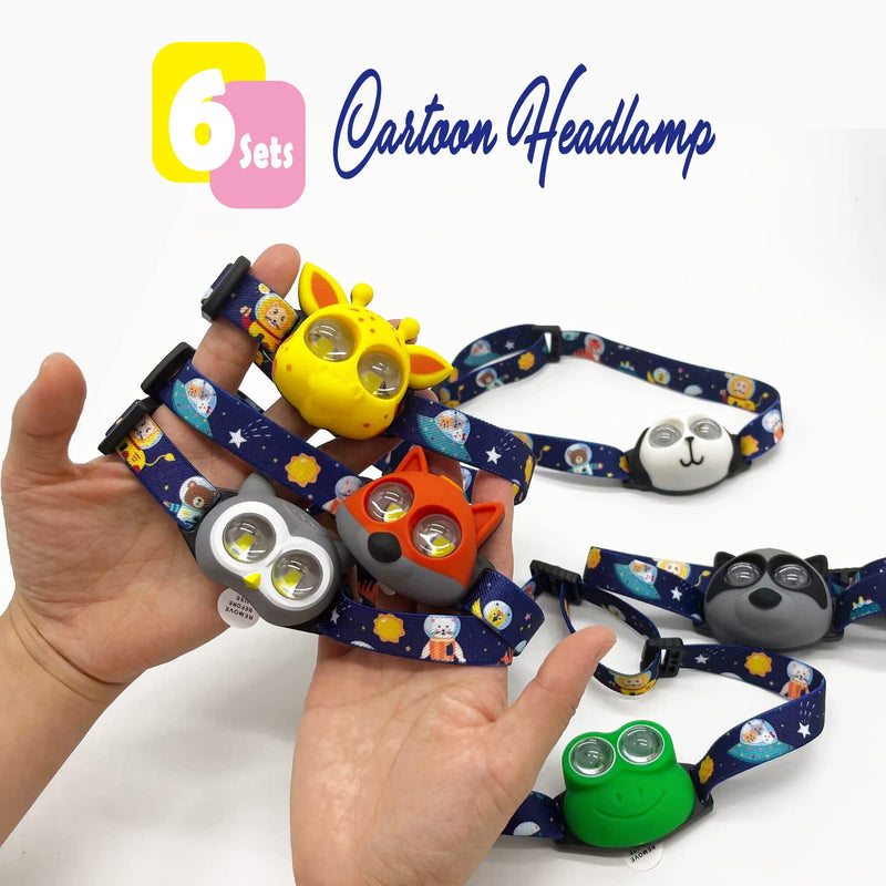 Headlamp for Kids, Battery Powered LED Headlamps, Owl Frog Giraff Dog Fox Raccoon Theme Gift for Children's Day, Birthday, Toddlers - 6 PCS 6 PCS Headlamps