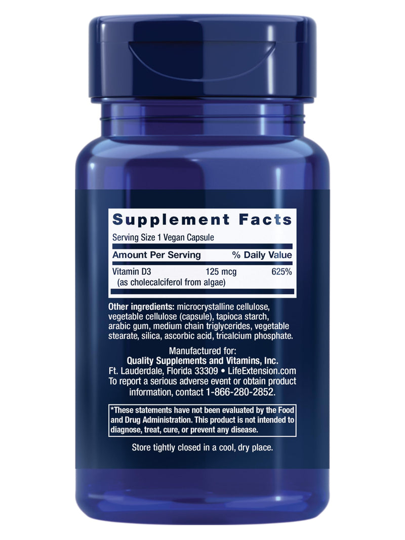 Life Extension Vegan Vitamin D3, 125 mcg (5000 IU), cholecalciferol from Algae, high-Potency Immune, Bone & Whole-Body Health, Gluten-Free, Non-GMO, 1 Daily, 60 Capsules