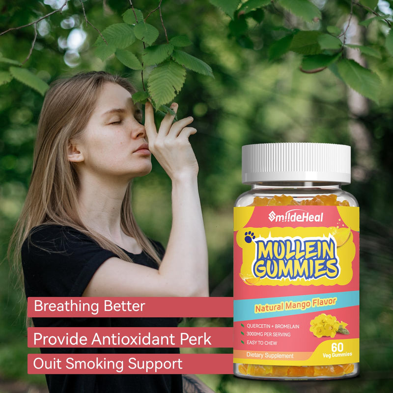 Mullein Gummies 3000MG, Sugar Free Mullein Gummies with Bromelain & Quercetin, Mullein Leaf Extract Supplements for Lungs, Vegan, 60 Count 60 Count (Pack of 1)
