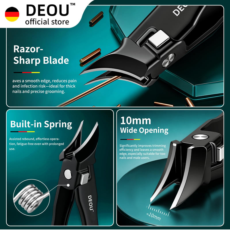 DEOU Ingrown Toenail Clippers with Nail File, Premium Stainless Steel Oblique Cutter, Anti-Splash One-Piece Casting, Manicure Tool with Keyhole, Gift Box for Thick/Hard/Fungal Nails Black Diagonal Scissors