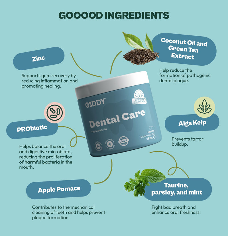 Gooddy - Dental Care for Dogs Powder 180g - Fresh Breath, Reduces Plaque and Tartar, Supports Gums - With Probiotics and Prebiotics