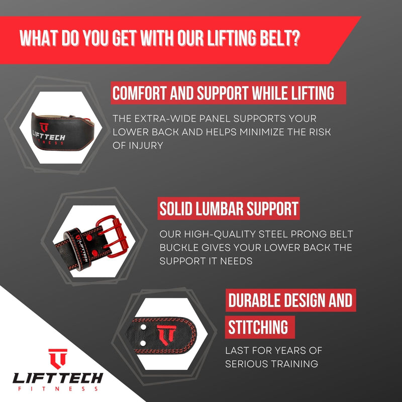 Lift Tech Fitness 6'' Men's Padded Leather Lifting Belt - Weight Lifting Belt for Men - Workout Belt for Men Weightlifting, Strength Training, Powerlifting in Black & Red Medium - BeesActive Australia