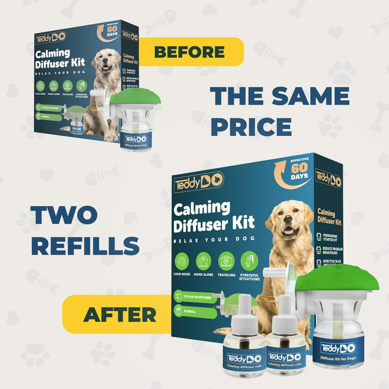 TeddyDo Calming Diffuser for Dogs | 2 Diffusers + 2x48ml Refills | 60-Day Double Pack with UK Plug | Helps Reduce Stress, Anxiety & Unwanted Behaviour | Safe Natural Dog Relaxation Aid 2 Pack