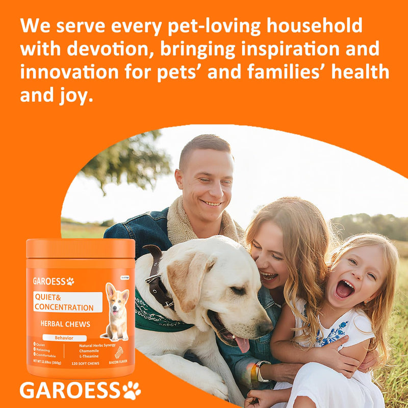 Quiet & Concentration Herbal Chews for Dogs, Behavior Support Supplement with Chamomile, L-Theanine, Valerian Root, ashwagandha, Bacon Flavor, Large container-120 Soft Chews, 12.69 oz (1) 1