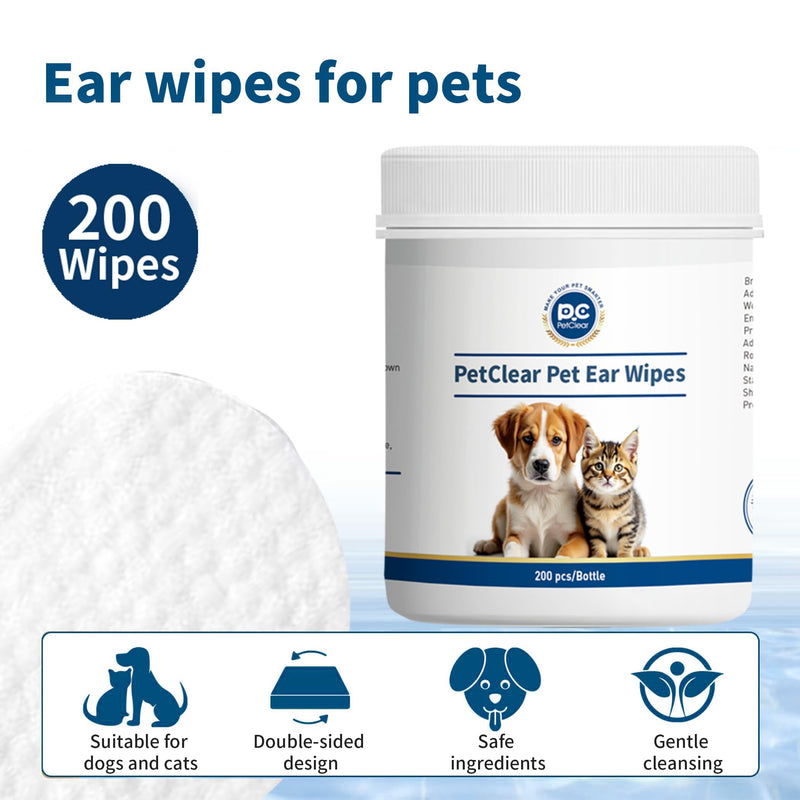 Dog Ear Wipes 200 Pcs, Non-Irritating, Gently Removes Wax, Debris & Stop Smelly, Itchy, Head Shaking, Disposable Pet Cleaning Wipes 200PCS