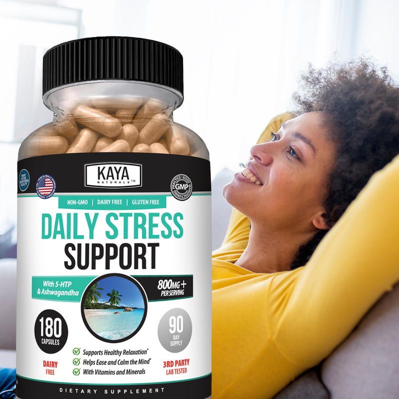 Kaya Naturals Daily Stress Support with Ashwagandha & GABA, 180 Capsules | Ashwagandha, GABA & L-Theanine, Rhodiola, Lemon Balm & Valerian, B Vitamins, Magnesium & Zinc, Daily Calm Support 180 Count (Pack of 1)