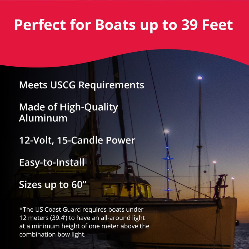 SeaSense Telescoping All-Round Stern Light - - 2 Nautical Mile Range - Adjustable, Stowable Chrome Light for Boats, Kayaks, Canoes & Pontoons up to 39 Feet - Meets USCG Requirements black w/ black nylon base (26" TO 48") - BeesActive Australia