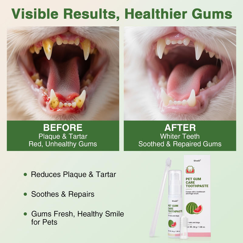 Cat Toothpaste Kit for Gum Care – Watermelon Flavor Dental Toothpaste with Finger Brush & Long-Handle Toothbrush – Soothes Gums, Freshens Breath, Reduces Plaque – Safe & Gentle for Daily Use
