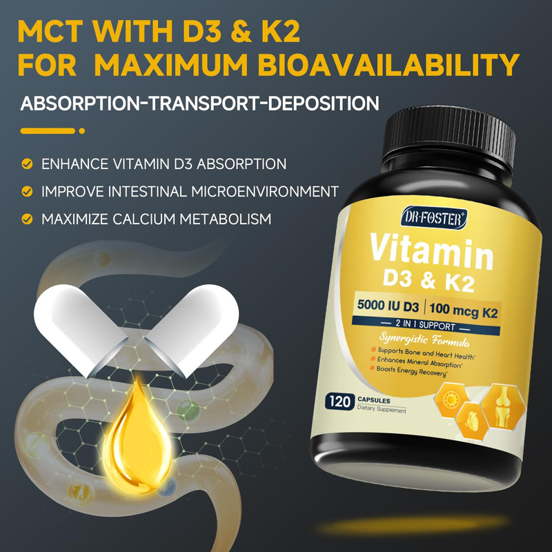 DRFOSTER Vitamin D3 K2 5000 IU with Zinc & Boron, 120 Vegan Capsules | 125mcg D3 and 100mcg K2 (MK7) with MCT, Bone Strength, Heart, and Immune Support, Non-GMO and Gluten Free 120 count（120 Servings）