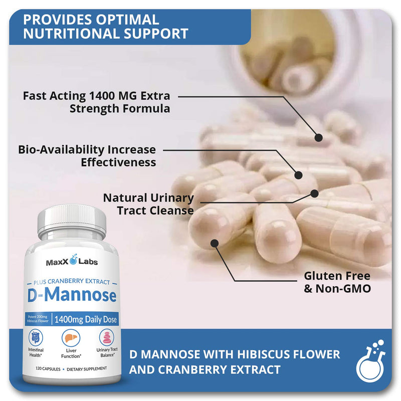 D-Mannose Capsules, 1400 Mg with Cranberry & Hibiscus Flower, 120 Ct | Fast Acting Formula, Supports Bladder & Urinary Tract Health - Extra Strength 60 Servings 120 Count (Pack of 1) D Mannose