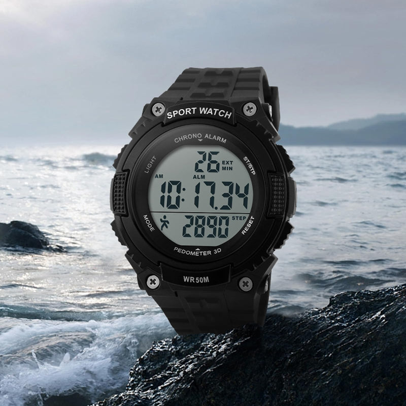 FANMIS Men Pedometer Watches Military Multifunctional 50M Waterproof Digital Outdoor Sports Watch Black