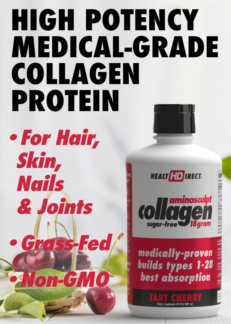 HEALTH DIRECT AminoSculpt Sugar-Free Liquid Collagen, Tart Cherry, 15 oz | High-Potency Collagen for Men & Women. Supports Hair, Skin, Nails & Joints. Medical-Grade, No Mixing, Non-GMO & Grass-Fed 15 Fl Oz (Pack of 1)