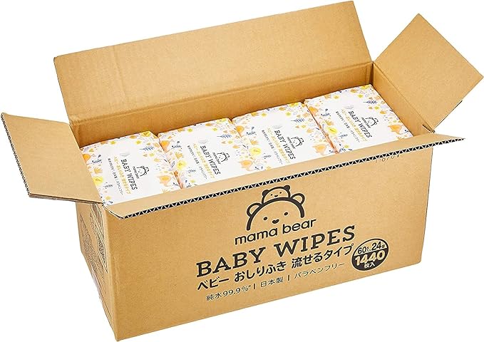 Mama Bear Baby Wipes, 99.9% Pure Water, Flushable Type, Made in Japan, Paraben Free, Fragrance-free, 60 Sheets x 24 Pieces (1440 Sheets) [Case Products] - BeesActive Australia
