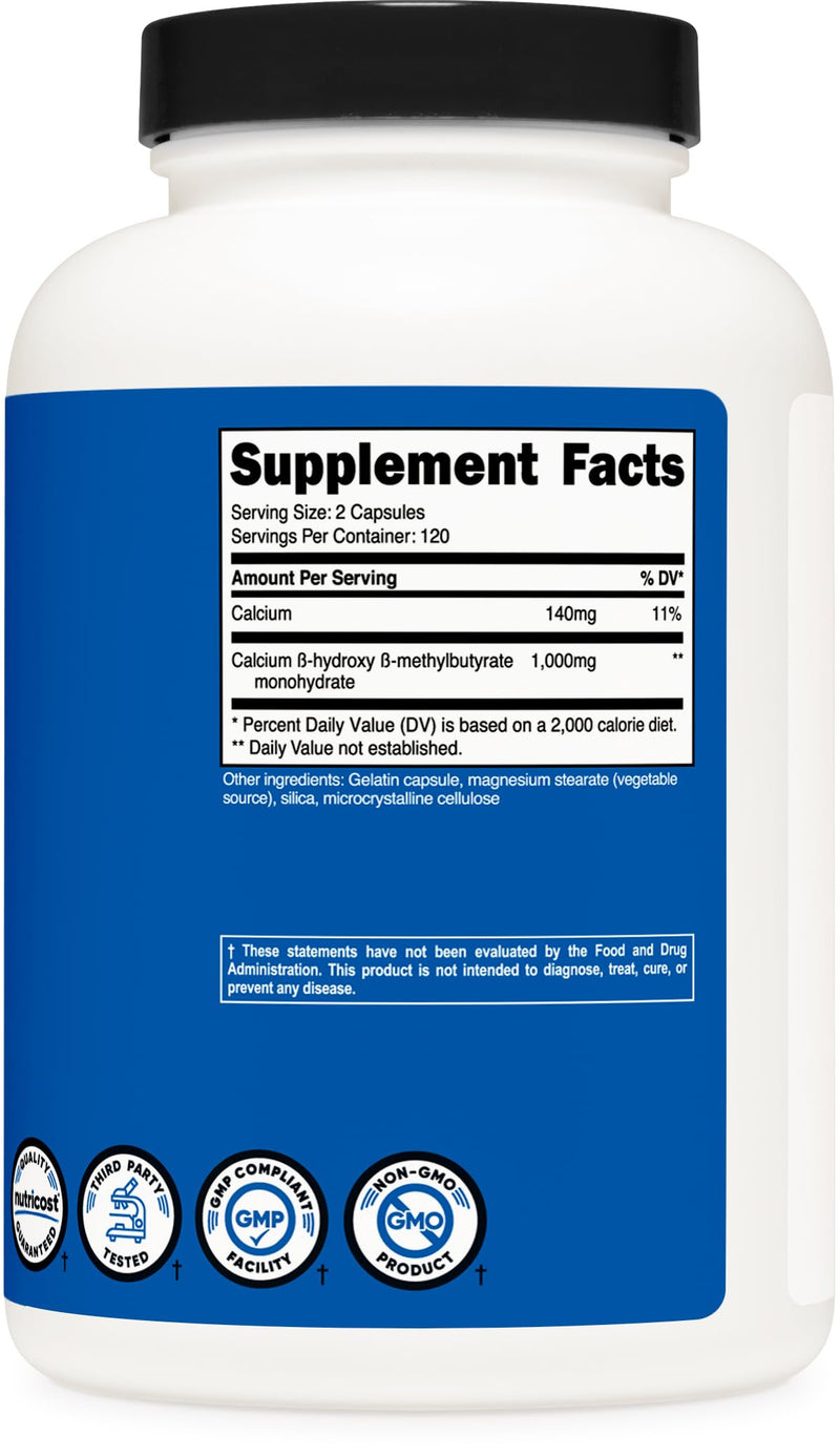 Nutricost HMB (Beta-Hydroxy Beta-Methylbutyrate) 1000mg (240 Capsules) - 500mg Per Capsule, 120 Servings - Gluten Free and Non-GMO 240 Count (Pack of 1) - BeesActive Australia