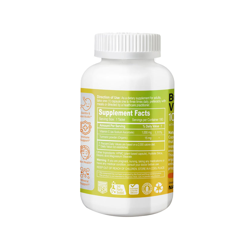 Buffered Vitamin C 1000 mg with Organic Turmeric - Antioxidant & Immune Support - Healthy Skin & Joints - Gluten & Dairy Free - 180 Vegan Capsules, 180 Day Supply 180 Count (Pack of 1)
