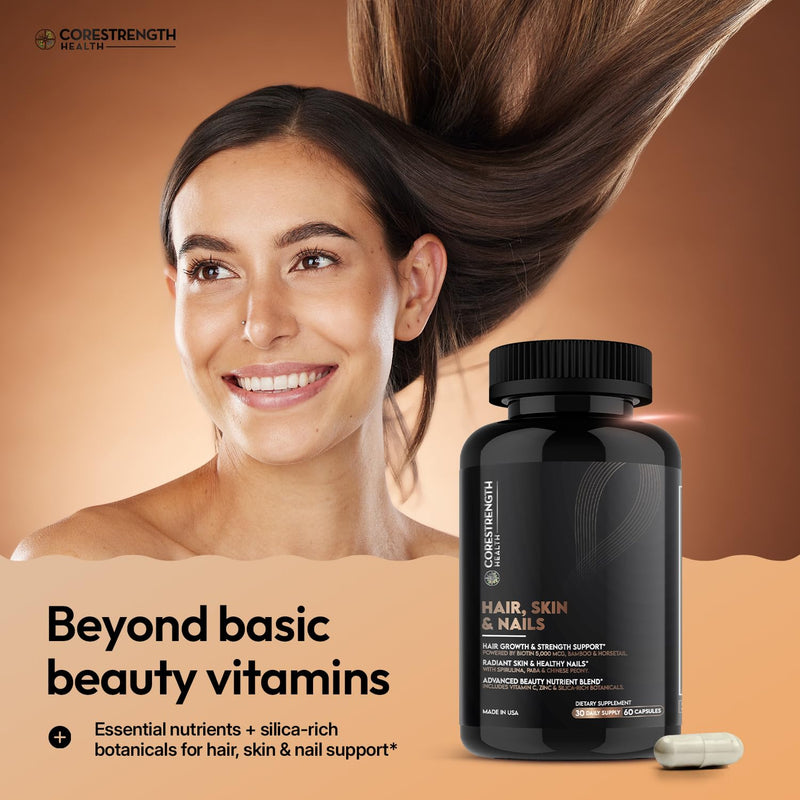 Hair Skin and Nails Vitamins for Women & Men, Biotin 5000mcg - 60 Ct | Full Vitamin Complex, Vitamin A, C, D3, E, Zinc with Bamboo & Horsetail, Non GMO, Made in USA, Third Party Tested