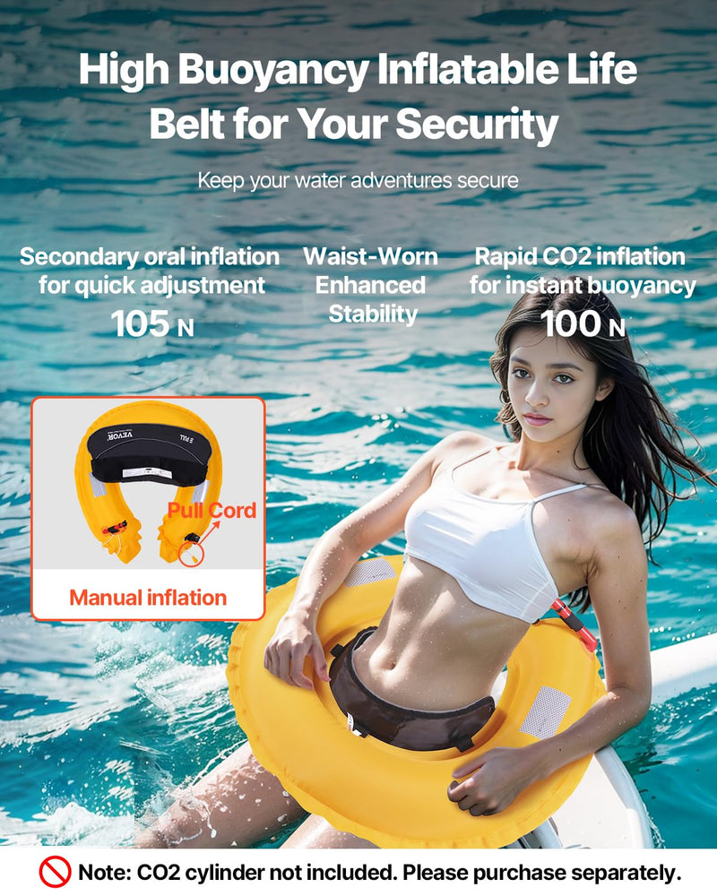 VEVOR Manual Inflatable Belt Pack for Adults, 105N Buoyancy, Over 80 Pounds and Up to 59 in Waist Adjustable, Inflatable PFD Waist for SUP Paddelboarding, Kayaking (CO2 Cylinder Not Included) Black