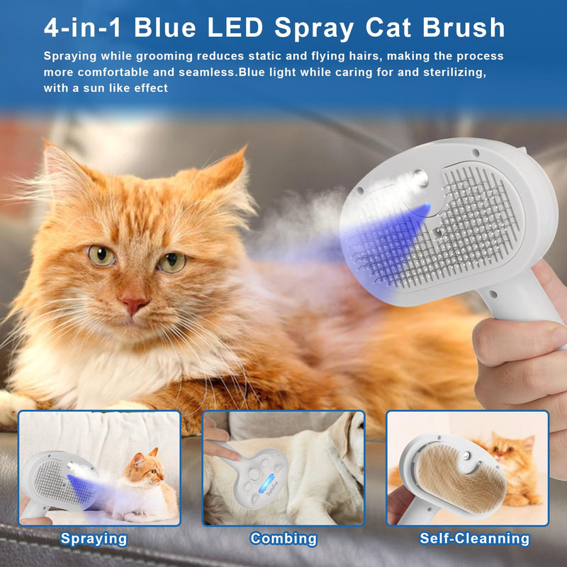 Pet Steam Hair Comb Brush for Shedding, 4 In 1 Spray Brush for Long & Short Haired Cat&Dog, Self-Cleaning Hair Remover with Water Tank And LED Blue Light, Release Button (White) White - BeesActive Australia